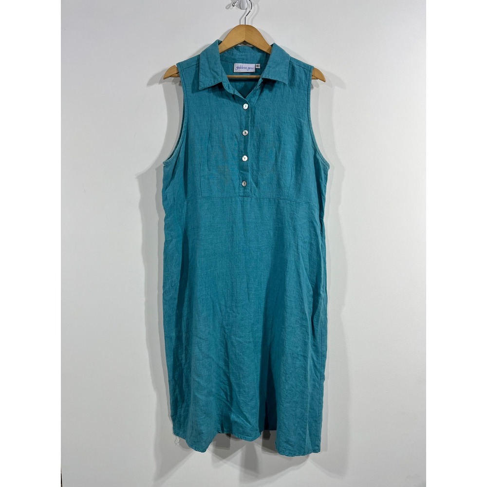 Goddess Gear Organic Linen Resort Boho Button Front Midi Dress XL Lagenlook VTG